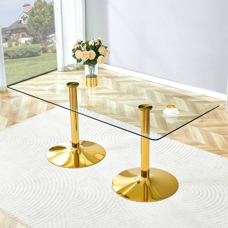 Rectangular Glass Top Dining Table with Metal Legs Modern Minimalist Design - Gold,Transparent