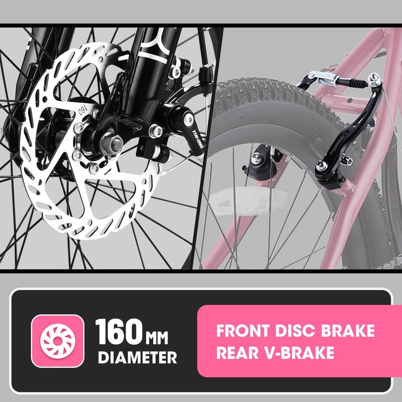 20-Inch Kids Mountain Bike with 7-Speed, Front Suspension, Disc & V-Brakes, for Ages 8-12, Ergonomic Steel Frame - Pink