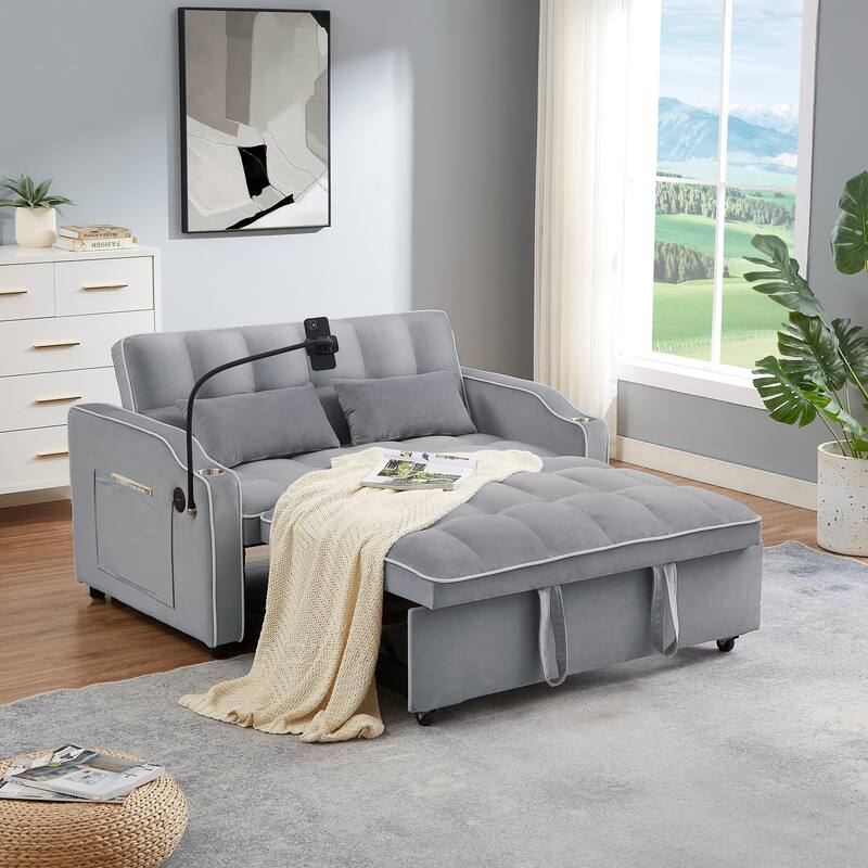 Modern Sofa Velvet Pull-out Bed, Adjustable Back and with USB port