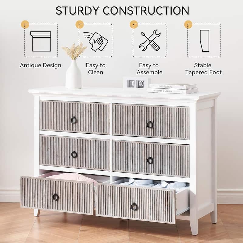 Fluted 6 Drawer Dresser for Bedroom, 47" Wide Modern Wooden Chest with Wavy Panel & Metal Handles