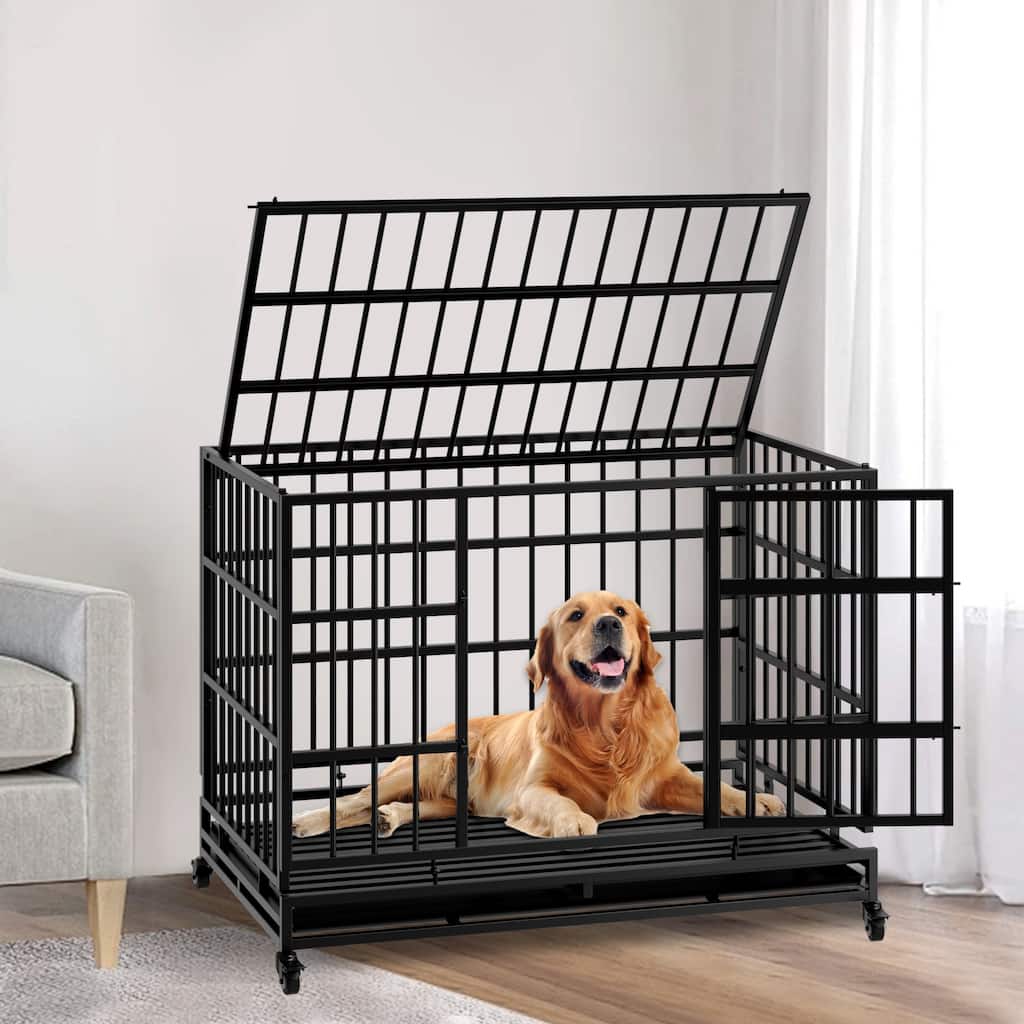 48 Inch Heavy Duty Indestructible Dog Crate with Wheels for Large and Medium Dogs, Cage with Removable Plastic Tray