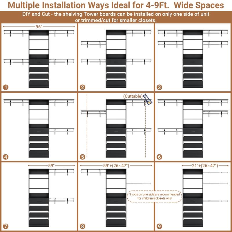 Rackcog 96'' Closet System with 4 Drawers and 4 Hanging Rods, 8FT Wood Closet Organizer for Walk-in Closet