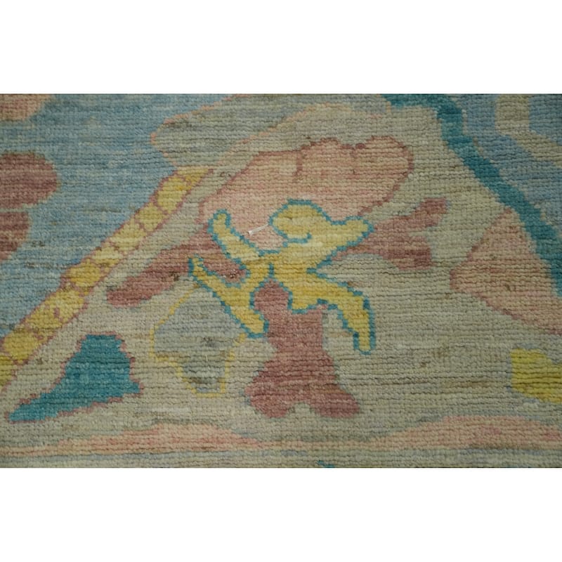 Handmade Blue Oushak Vegetable Dye Large Rug, Floral Medallion Carpet - 14' 6'' X 12' 2''