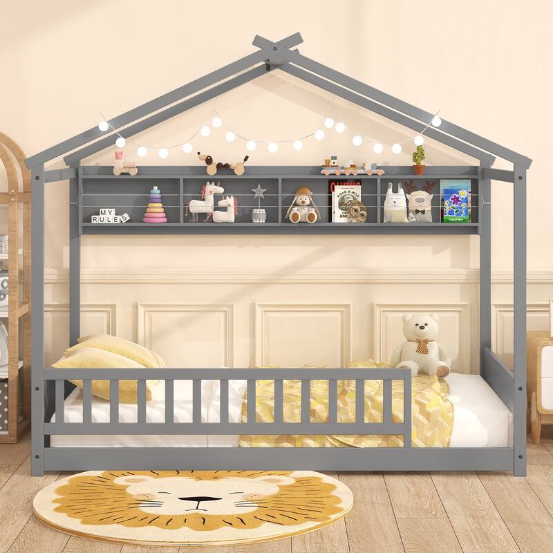 Gymax Twin Size House Bed w/Storage Shelf Headboard & Guardrail Wooden