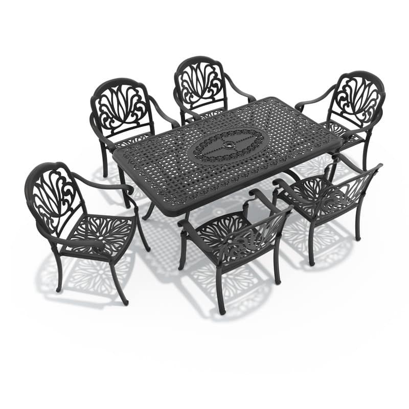 7-Piece Cast Aluminum Outdoor Dining Set with Brown Seat Cushions