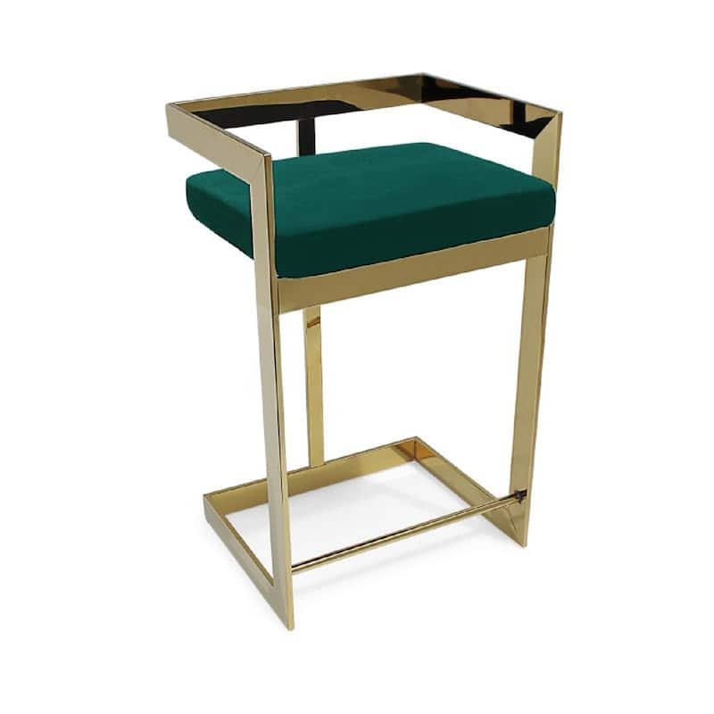 HomeRoots 30" Green and Gold Metal and Velvet Low Back Bar Height Bar Chair