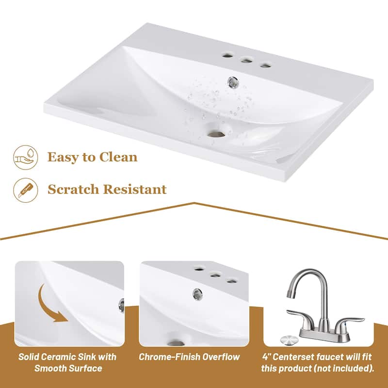 24 Inch MDF Freestanding Bathroom Vanity Set in White Integrated Ceramic Sink - 24" x 32" in.