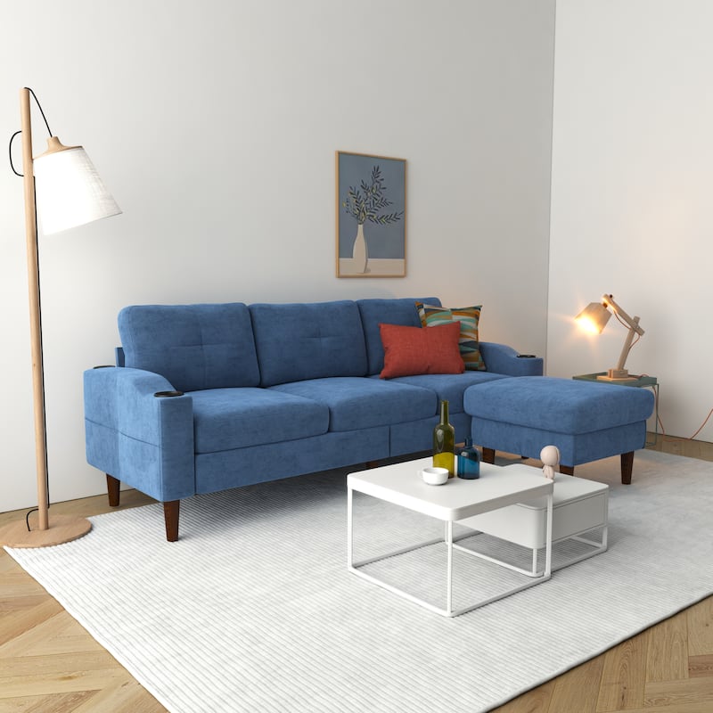 Blue 78.74" Fabric Convertible L-Shaped Sofa with Storage Ottoman, USB Port, and Cup Holder