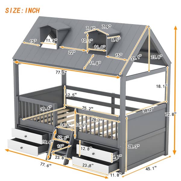 dimension image slide 0 of 3, Merax House Bed with Roof and 4 drawers