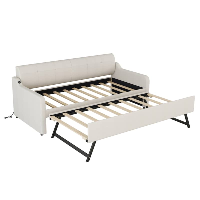 Upholstery DayBed with Pull-out Trundle Bed and USB Charging Design, Wooden Twin Size Bed Frame with Backrest & Wavy Armrests