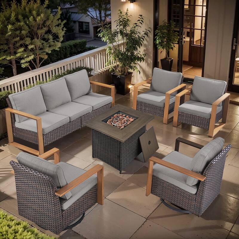 Pocassy Outdoor Fire Pit Conversation Set 3-Seat Sofa Chairs Patio Furniture Set - Brown Wicker Gray Cushion - 6-Piece Sofa Chair with Fire Table