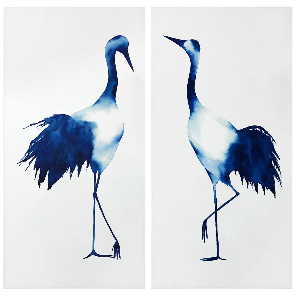 "Ink Drop Crane" Glass Wall Art Printed on Frameless Free Floating Tempered Glass Panel - Blue