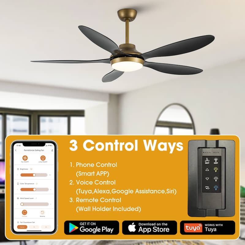 52" Antique Brass Smart Ceiling Fan with Light and Remote, App Control, Voice Control