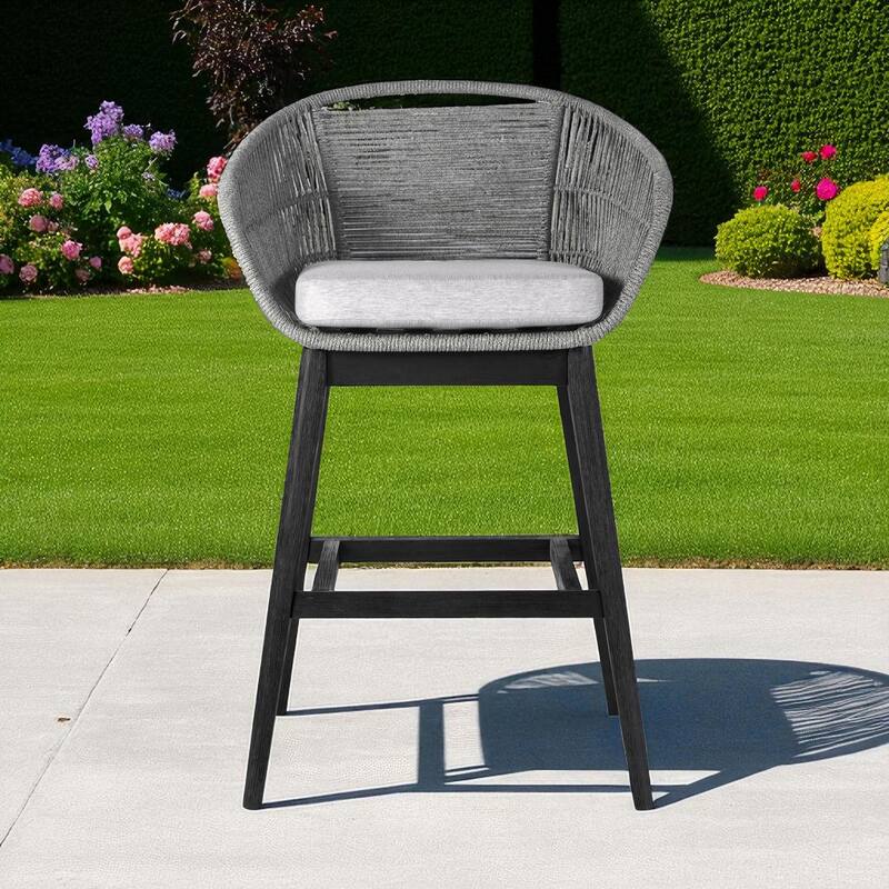 HomeRoots 43" Light Gray Solid Wood Low back Outdoor Bar Height chair with Footrest - Light Gray