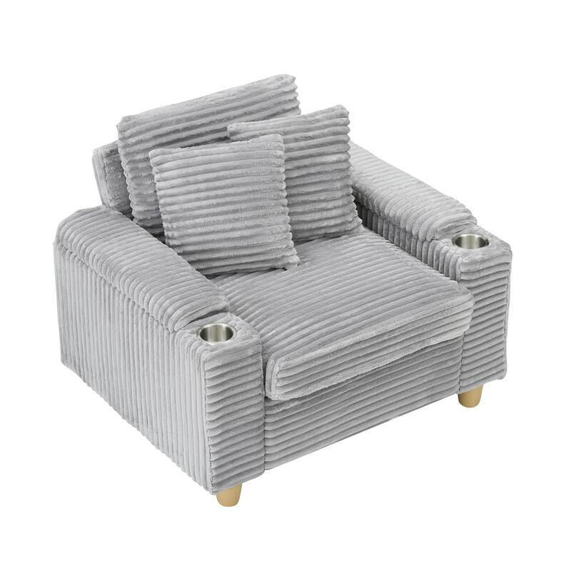 Corduroy Accent Chair & Storage Ottoman Set of 2, Single Sofa Armchair Lounge Chair with Pillows & Cup Holders