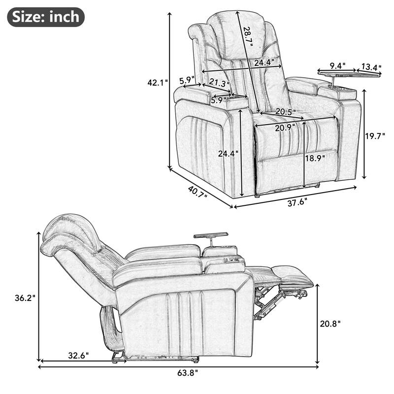 PU Leather Power Recliner Chair with Power Adjustable Headrest, USB Port, Storage Arms, Cup Holder Swivel Tray Table