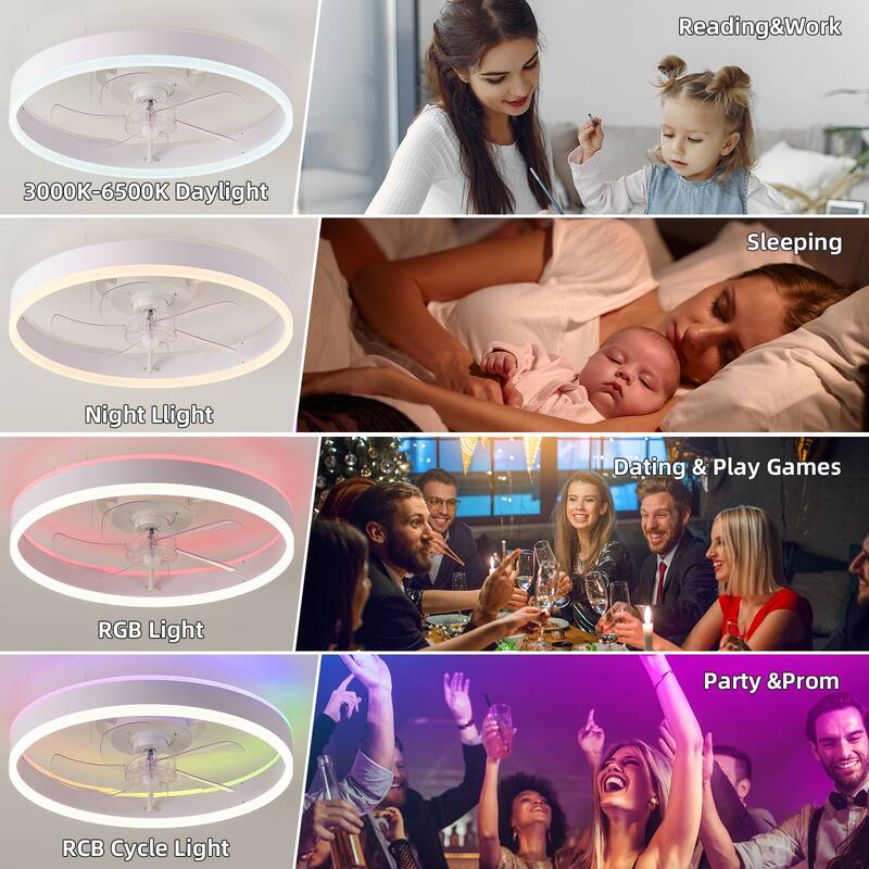 15"/19''/20"/42" RGB Color Dimmable LED Ceiling Fan with APP & Remote Control 6 Wind Speed, with Bluetooth Speaker Optional