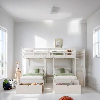 Full Over Twin & Twin Bunk Bed Kids Bed Wood Triple Bunk Bed with Drawers and Guardrails, White