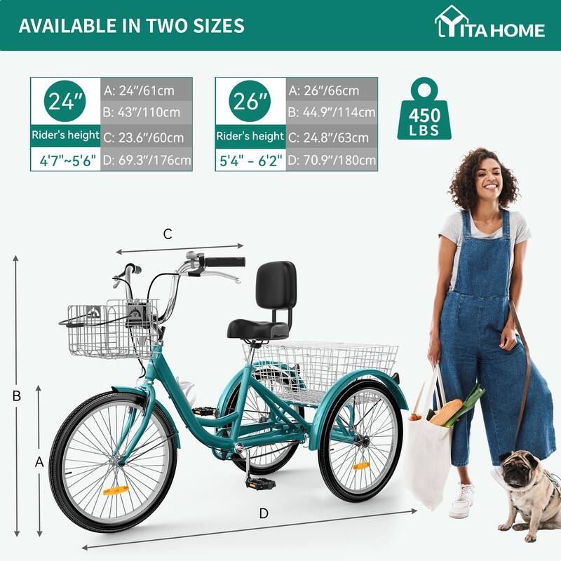Moasis 26" Mint Green Adult Tricycle 1 Speed Trike Bike