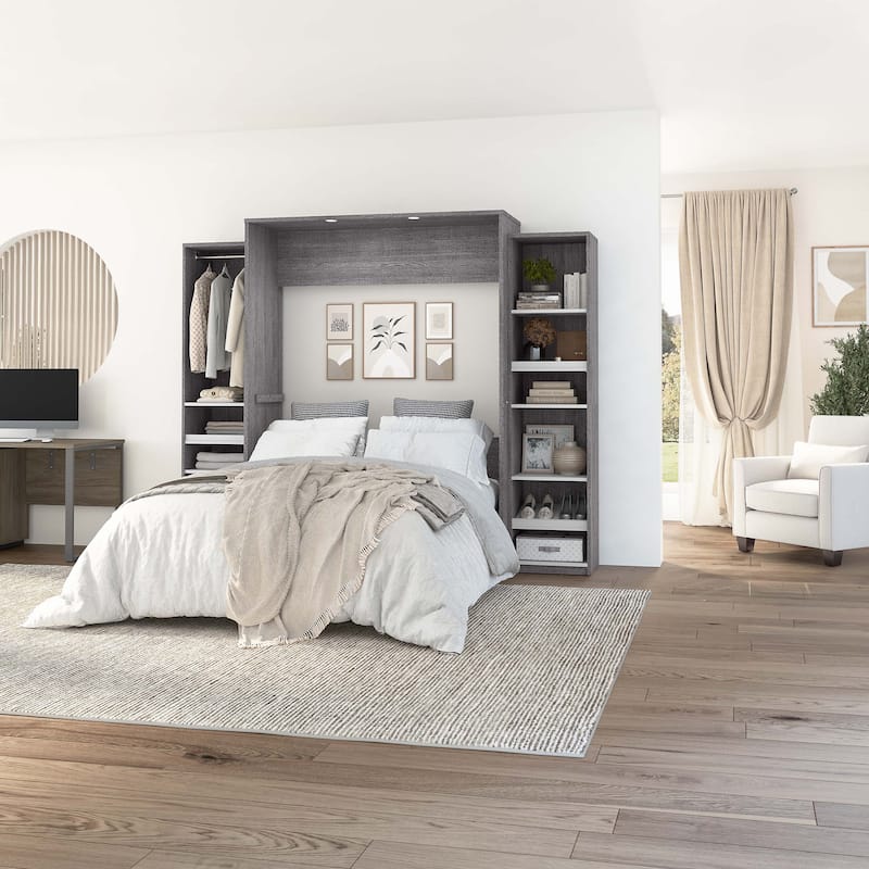 Cielo Queen Murphy Bed & Narrow Shelving Units with Drawers by Bestar