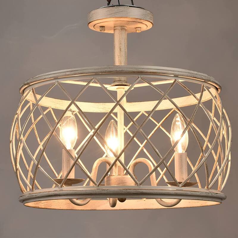 Treviso Farmhouse 3-Light Drum Semi Flush Mount Ceiling Light Metal Shade Antique White - Antique White