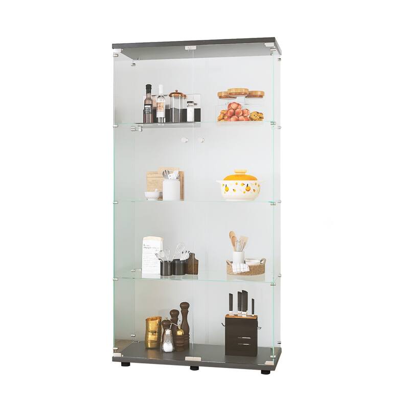 4-Shelves Glass Display Cabinet with 2 Doors, Floor Standing Curio Bookshelf, for Living Room Bedroom Study or Collection Room