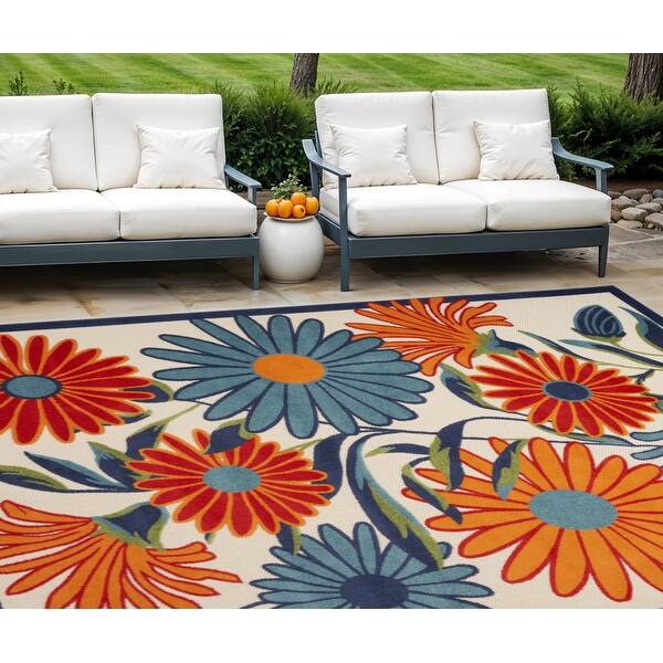 8' X 11' Blue And Ivory Floral Indoor Outdoor Area Rug
