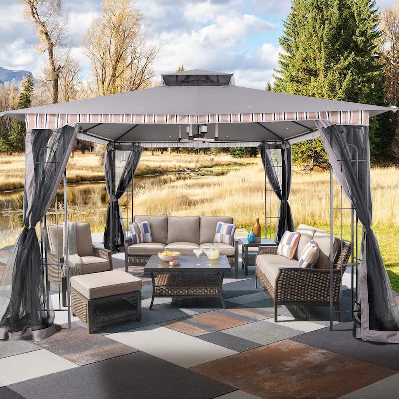 Cozywor 12 ft. x 10 ft. Outdoor Steel Patio Gazebo with Netting - Grey