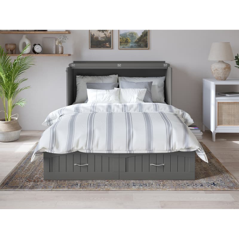 Murphy Bed Chest Full Size - Memory Foam Mattress & USB Charging - Grey Compact Space Saver