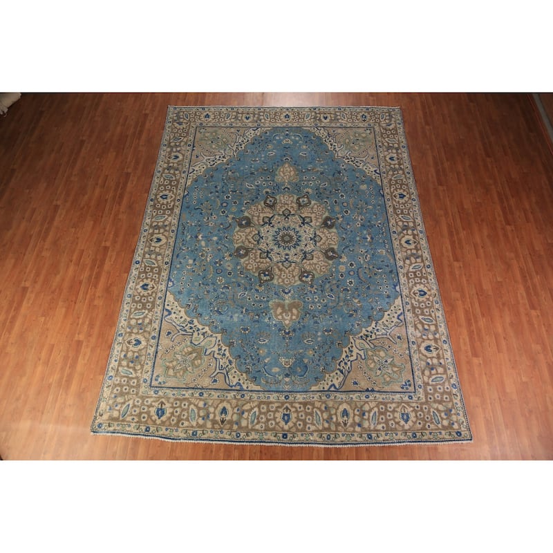 Blue Floral Tabriz Persian Area Rug Oriental Hand-Knotted Wool Carpet - 9'8"x 13'0"