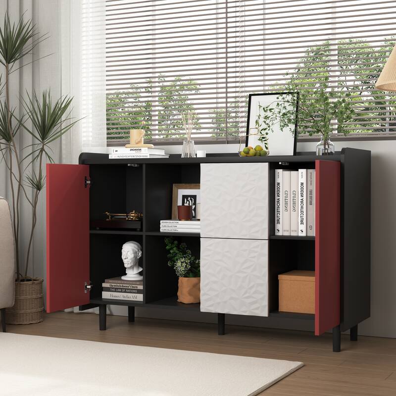 Modern Sideboard Buffet Cabinet with 2 Drawers and 2 Open Storage Compartment