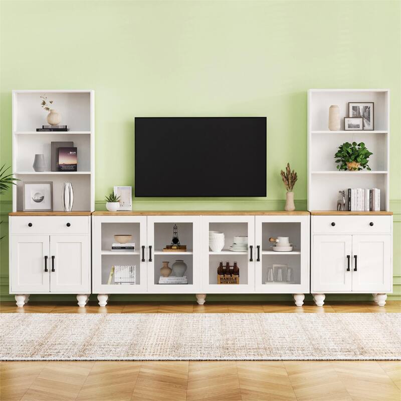 Farmhouse-Style TV Stand for TVs up to 70 Inches with Bookshelves, Tempered Glass Doors, for Living Rooms