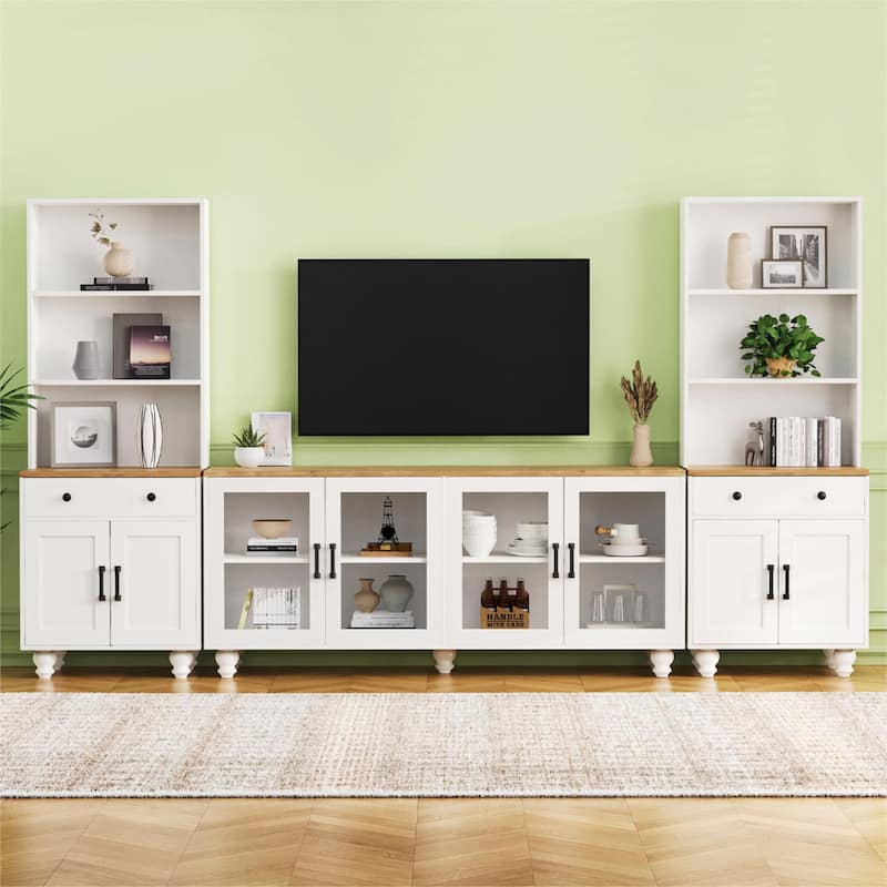 Roomfitters Farmhouse Entertainment Center for TVs up to 70", Media Console with Tempered Glass Doors, Bookshelves