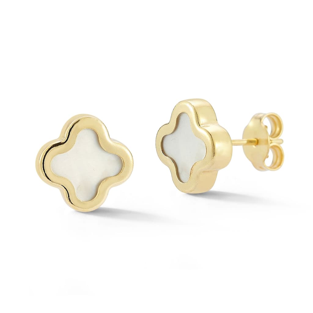 Soleil 14K Gold Mother of Pearl Clover Studs, Made in Italy