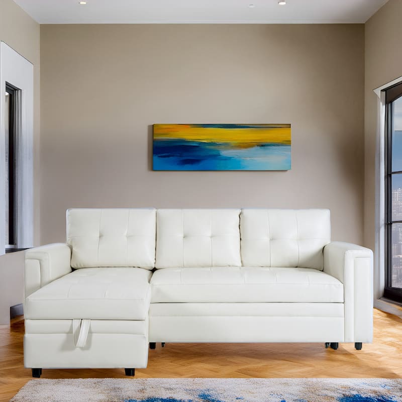 Convertible L-Shaped Sectional Sleeper Sofa with USB & Pull-Out Bed - White,Air Leather