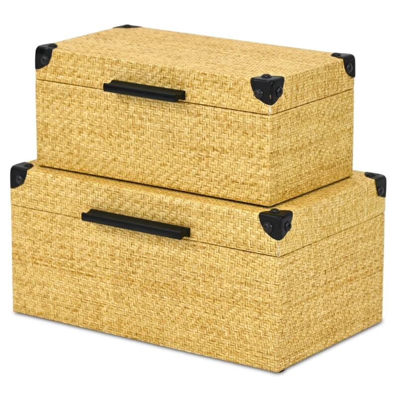 HomeRoots Set of Two Natural And Black Faux Rattan Nesting Storage Boxes With Lids