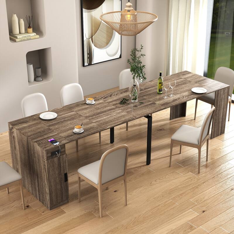 Modern Extendable Dining Table with Outlet & Storage, Space-Saving Expanding Table for Party & Meetings - Brown