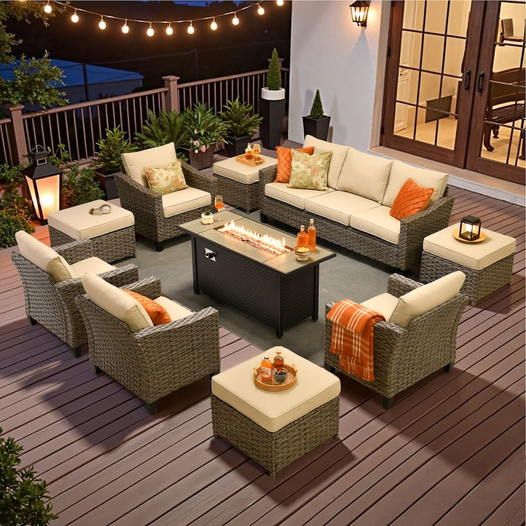 ​​OVIOS 10-Piece Outdoor Wicker Set with Fire Pit Table​