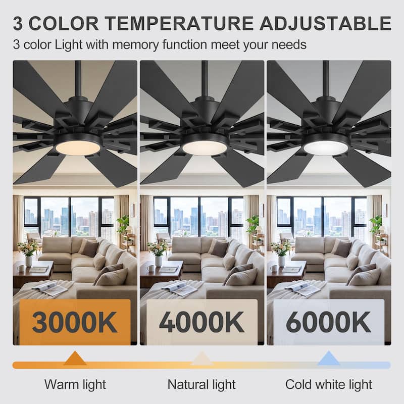 62/72-Inch Reversible 10-Blade Large Ceiling Fan with Light and Remote