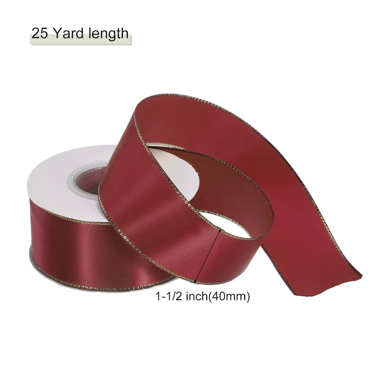 Satin Ribbon with Gold Edges Border Grosgrain Fabric Ribbon for Decor - Burgundy Red - 1 1/2 Inch x 25 Yard