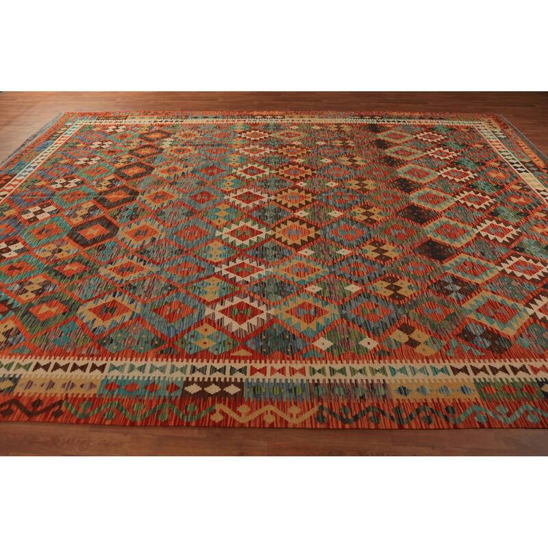 Geometric Kilim Oriental Area Rug Hand-Woven Wool Carpet - 10'1"x 12'11"