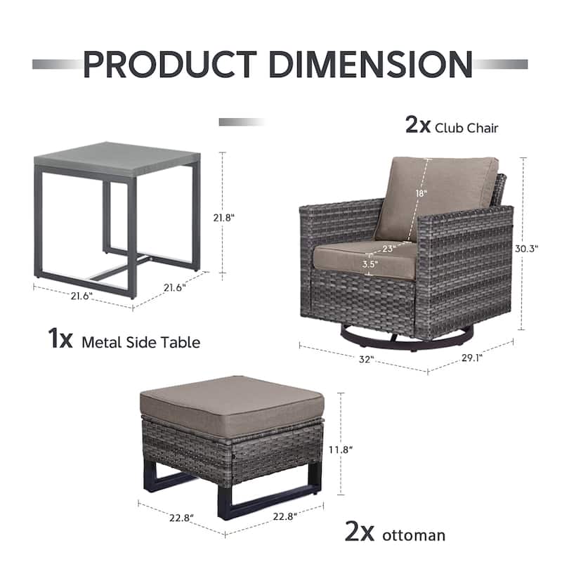 5 Pieces Pocassy Glider Chairs Ottomans with Side Table - Gray Wicker - Gray cushion