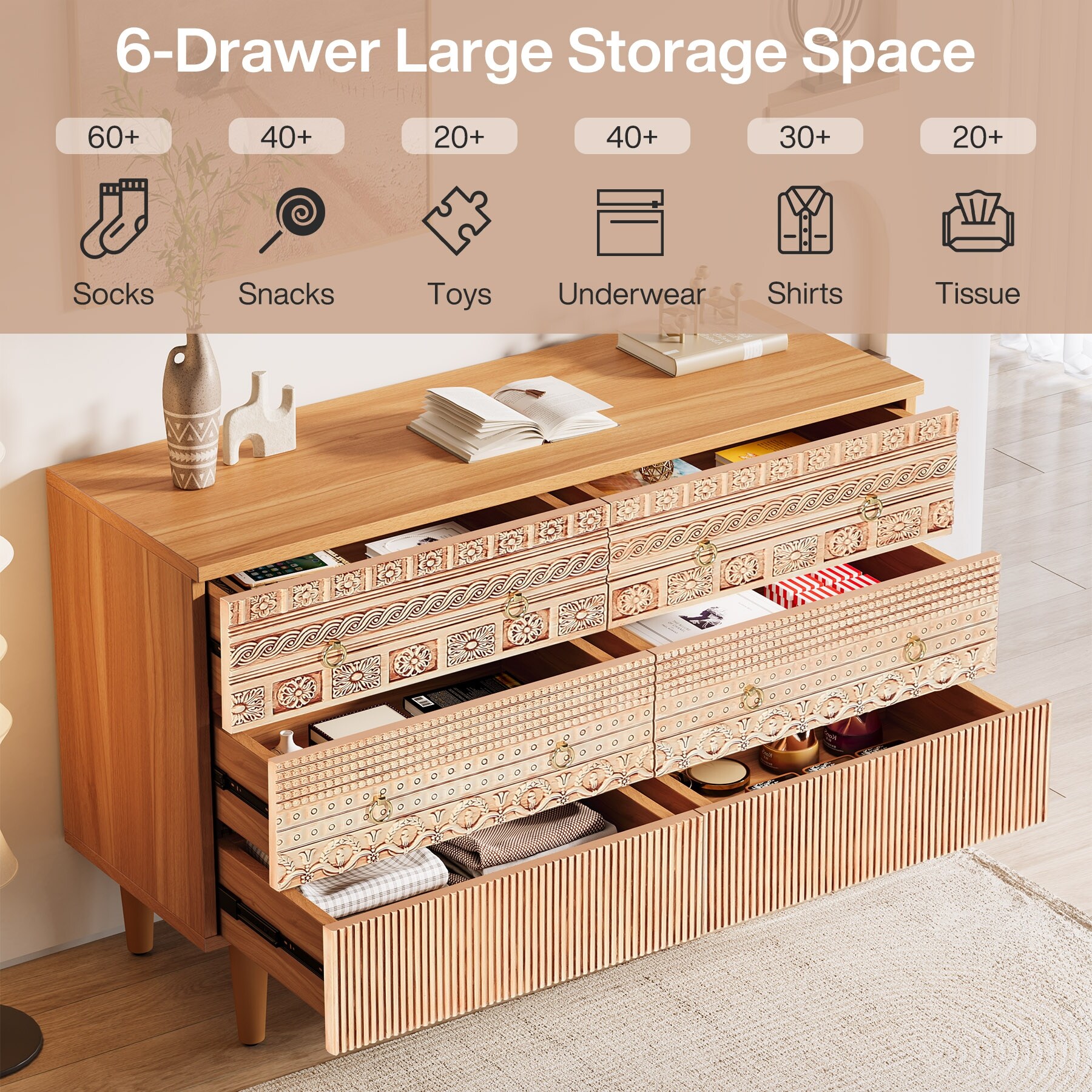 47 Inch Boho Accent Dresser Double Wide Chest of Drawers with 6 Carved Drawers Oak 6 Drawer