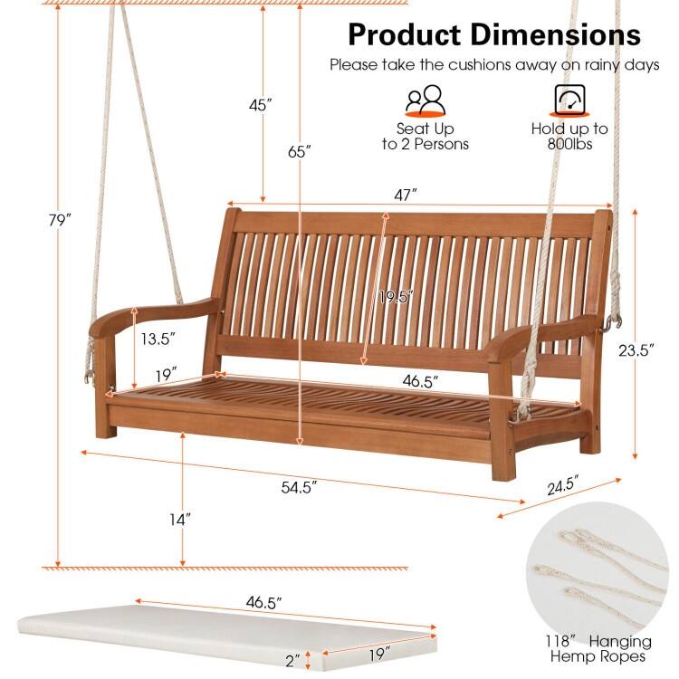 2-Person Hanging Porch Swing Wood Bench with Cushion Curved Back - 54.5" x 24.5" x 23.5"(L x W x H)