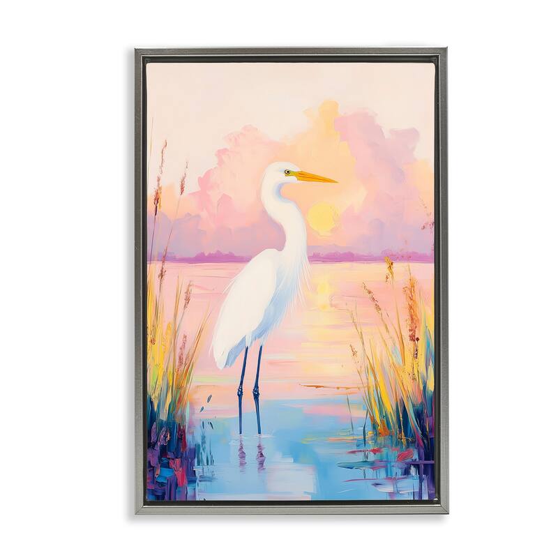 Stupell Egret under Beaming Sunset Framed Floater Canvas Wall Art Design By Arlington Prints - 21 x 31 - Grey