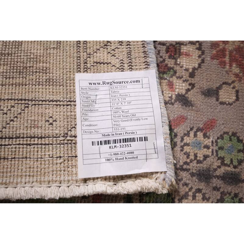 Distressed Grey Tabriz Persian Vintage Rug Hand-Knotted Wool Carpet - 7'10"x 11'0"