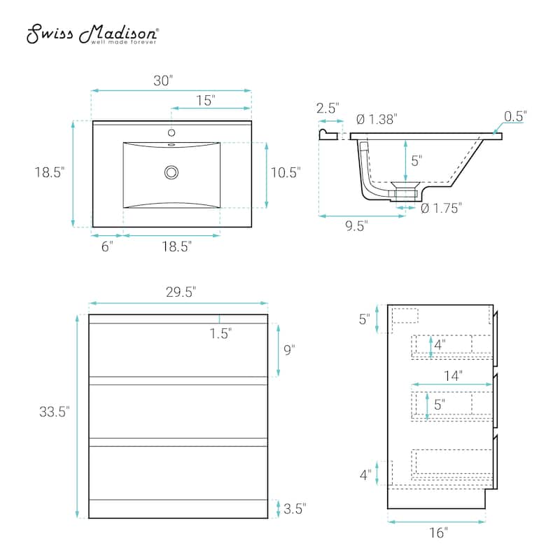 Liberte 30" Freestanding Bathroom Vanity In White Oak With Black Sink Top - 30