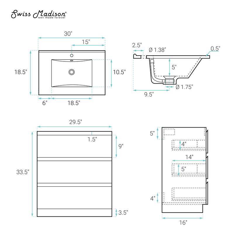 Liberte 30" Freestanding Bathroom Vanity In White Oak With Sink Top - 30