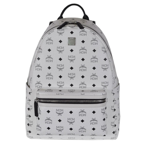 Shop MCM White Black Visetos Logo Canvas Medium Stark Backpack Bag Purse - Black/White - Free ...