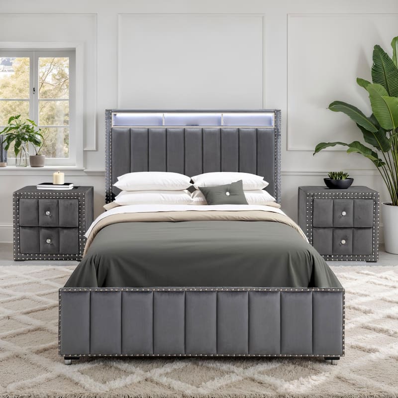 247 Shop At Home Fynor Modern 3-Piece Velvet Full Storage Platform Bedroom Set - Dark Grey
